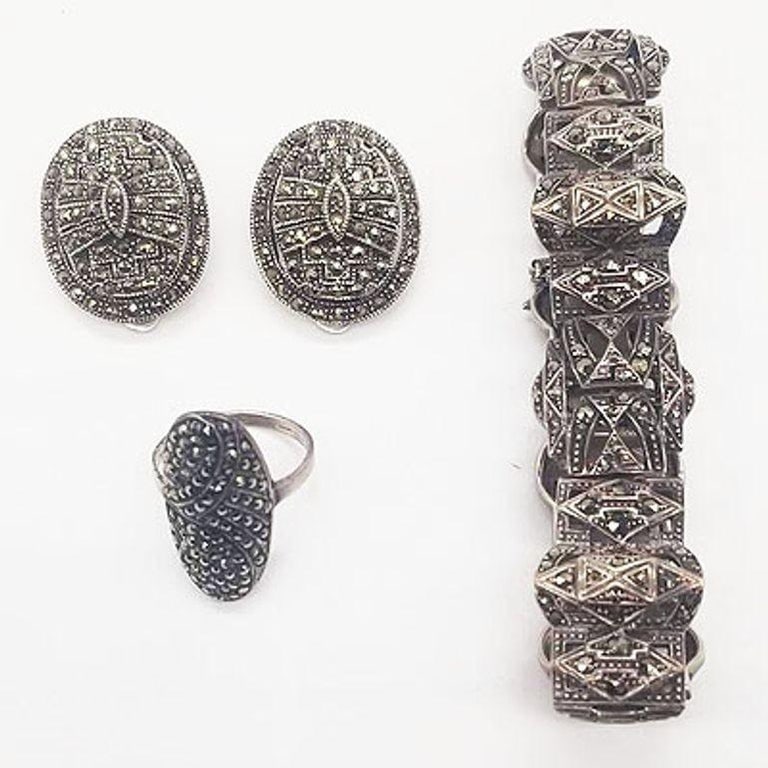 Sterling Silver French Paste Marcasite Jewelry Set, Brooch, Bracelet, Earrings - 3