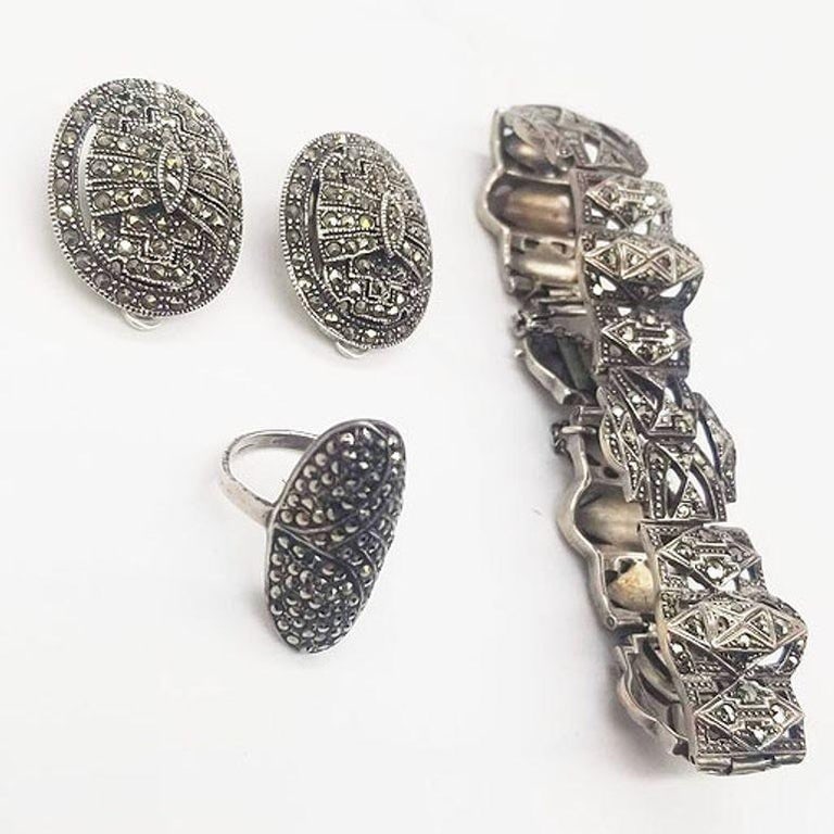 Sterling Silver French Paste Marcasite Jewelry Set, Brooch, Bracelet, Earrings - 4