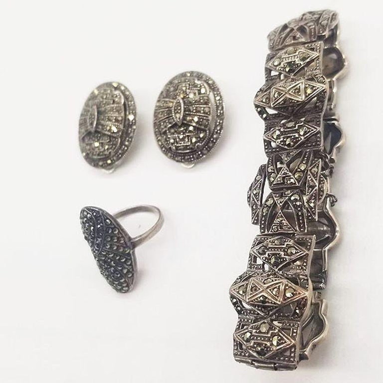 Sterling Silver French Paste Marcasite Jewelry Set, Brooch, Bracelet, Earrings - 5