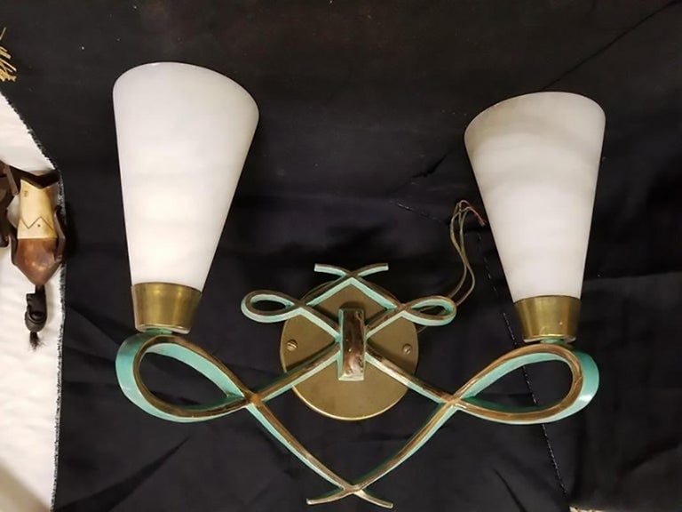 High Style Bronze Sconce with Alabaster Shades, Pair - 3