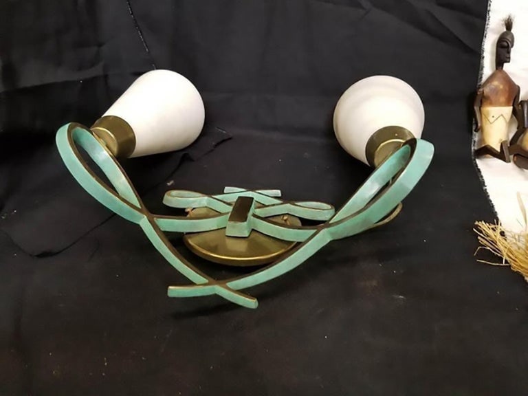 High Style Bronze Sconce with Alabaster Shades, Pair - 4