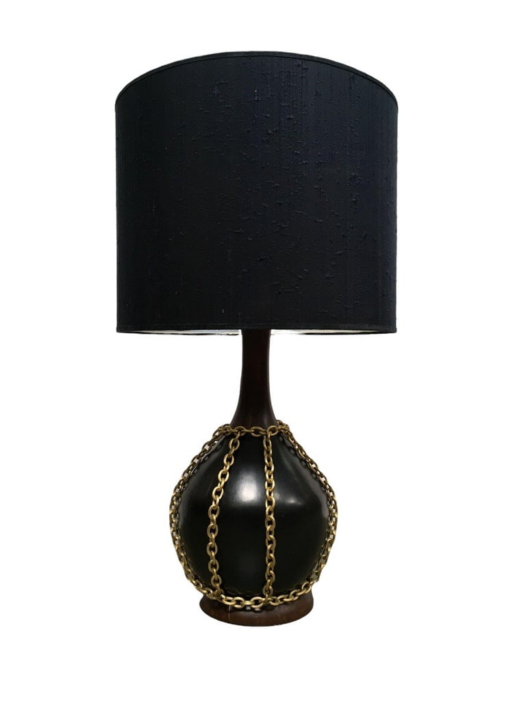 Large Midcentury Pottery Gold Tone Chain Lamps with Shade - 11