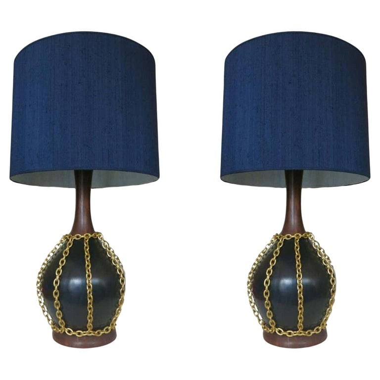 Large Midcentury Pottery Gold Tone Chain Lamps with Shade - 2