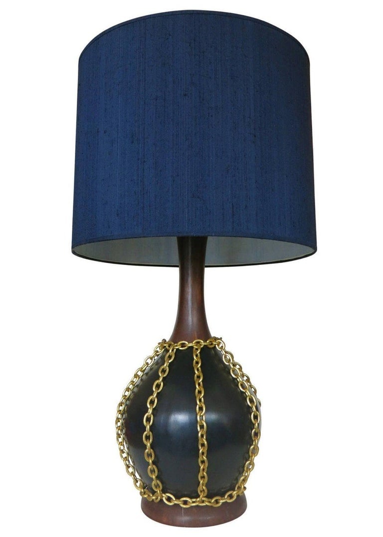 Large Midcentury Pottery Gold Tone Chain Lamps with Shade - 3