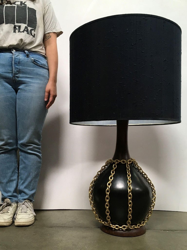 Large Midcentury Pottery Gold Tone Chain Lamps with Shade - 5
