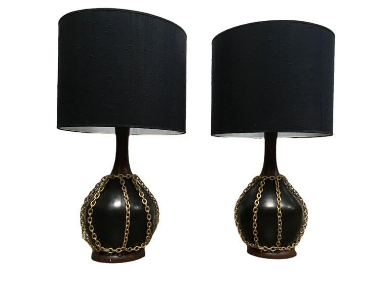 Large Midcentury Pottery Gold Tone Chain Lamps with Shade - 6