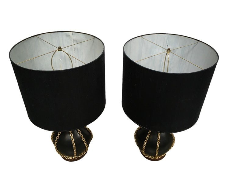 Large Midcentury Pottery Gold Tone Chain Lamps with Shade - 7