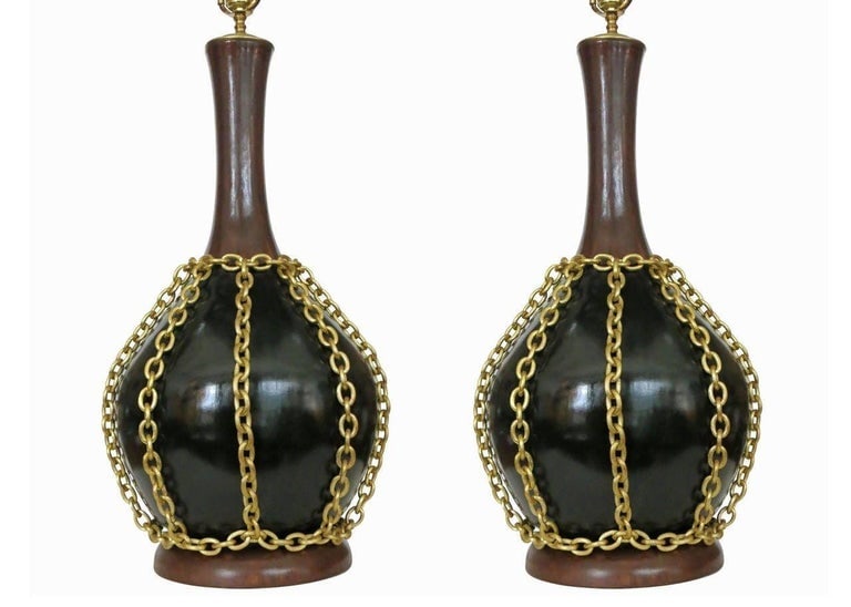 Large Midcentury Pottery Gold Tone Chain Lamps with Shade - 8