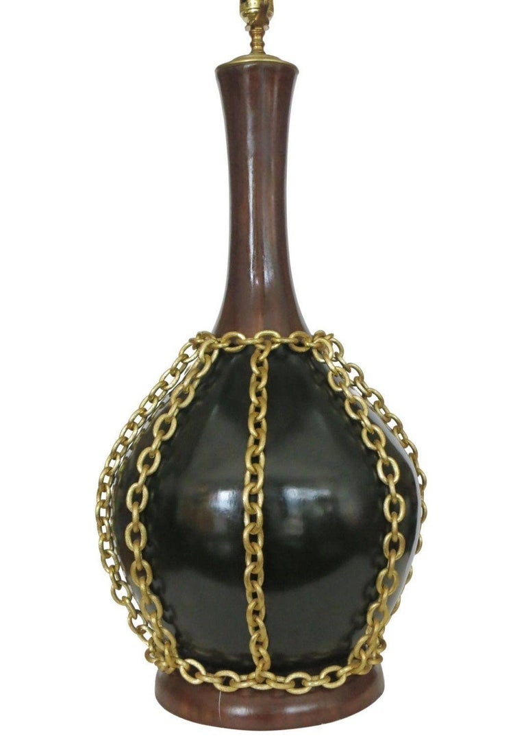 Large Midcentury Pottery Gold Tone Chain Lamps with Shade - 9