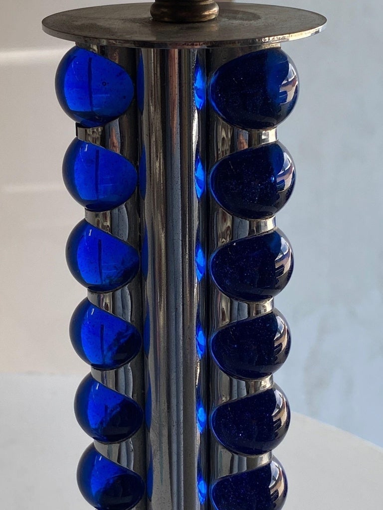 Chromed Steel and Cobalt Marble Art Deco Lamp - 4