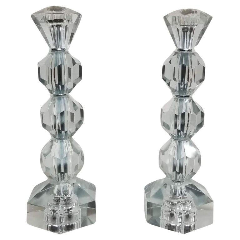 Mid Century Crystal Candlestick Diamond Top - Pair (1 of 5)