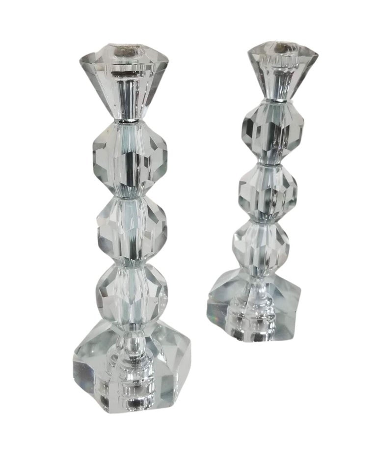 Mid Century Crystal Candlestick Diamond Top - Pair - 3