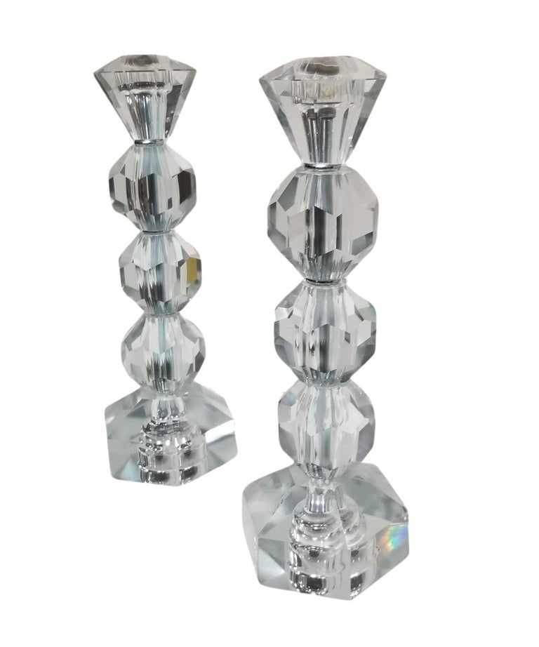 Mid Century Crystal Candlestick Diamond Top - Pair - 4