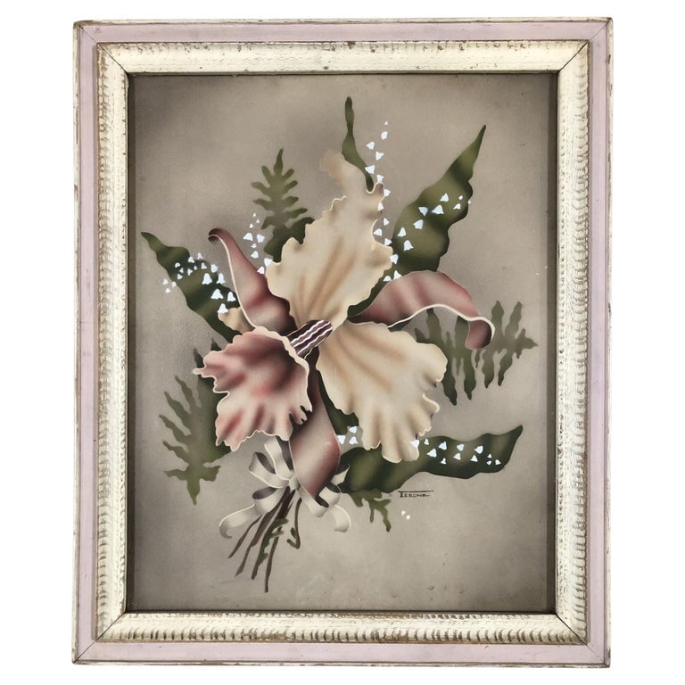 Airbrushed Daffodil Flowers with Bow Mid Century Art Signed by Terone: Original artwork Pink Daffodil Hawaiian Flowers with a bow (original airbrushed over a print) signed by Terone. In hardwood frame with carved details. A great example of the post-WWII Hawaiian and tro
