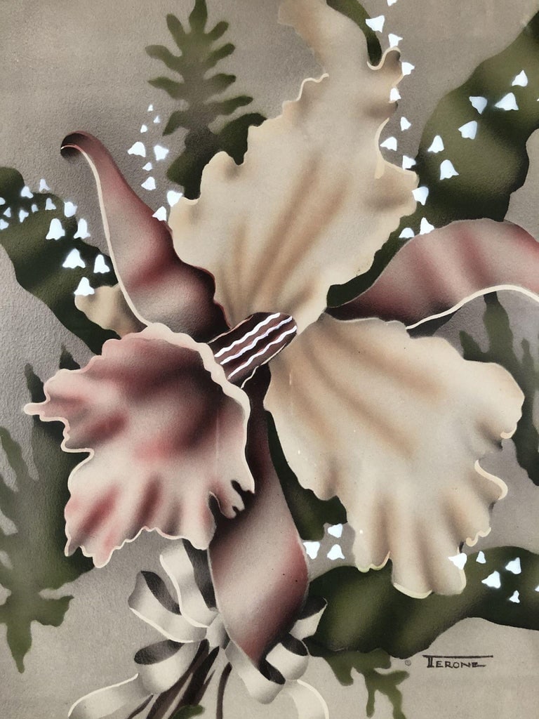 Airbrushed Daffodil Flowers with Bow Mid Century Art Signed by Terone - 3