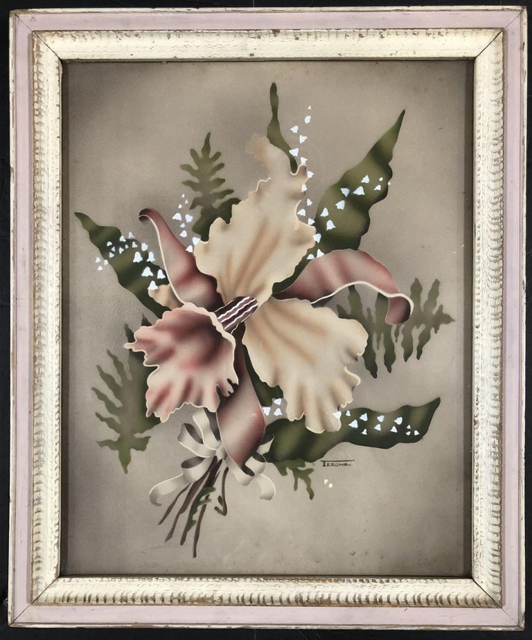 Airbrushed Daffodil Flowers with Bow Mid Century Art Signed by Terone - 6