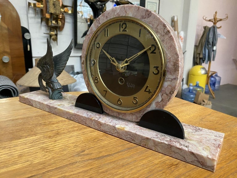 French Art Deco UCRA Bronze Swan Marble Mantle Garniture Clock Set by Marefbay - 10