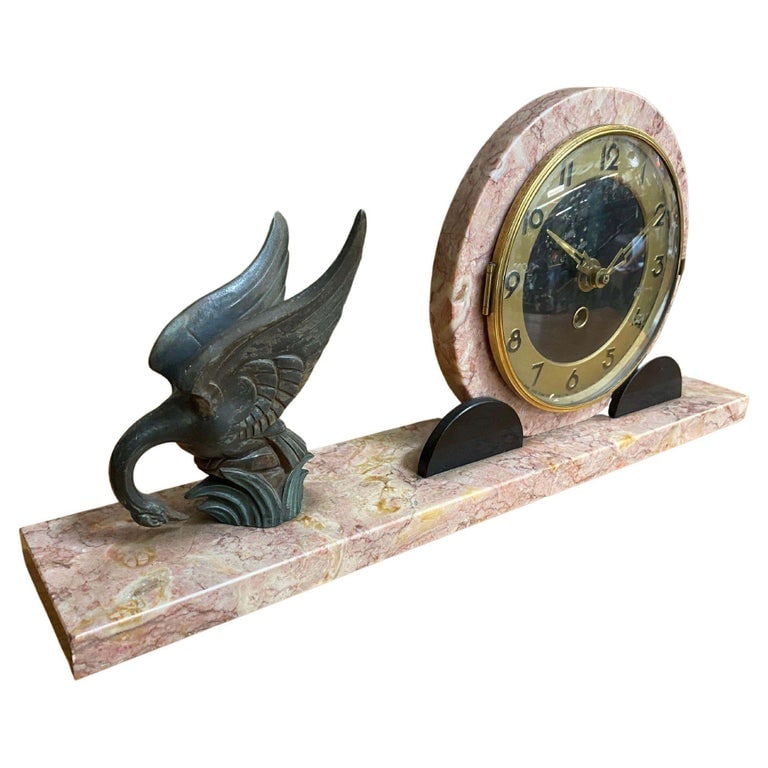 French Art Deco UCRA Bronze Swan Marble Mantle Garniture Clock Set by Marefbay - 3