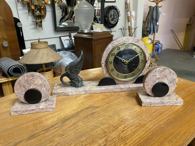 French Art Deco UCRA Bronze Swan Marble Mantle Garniture Clock Set by Marefbay - 5