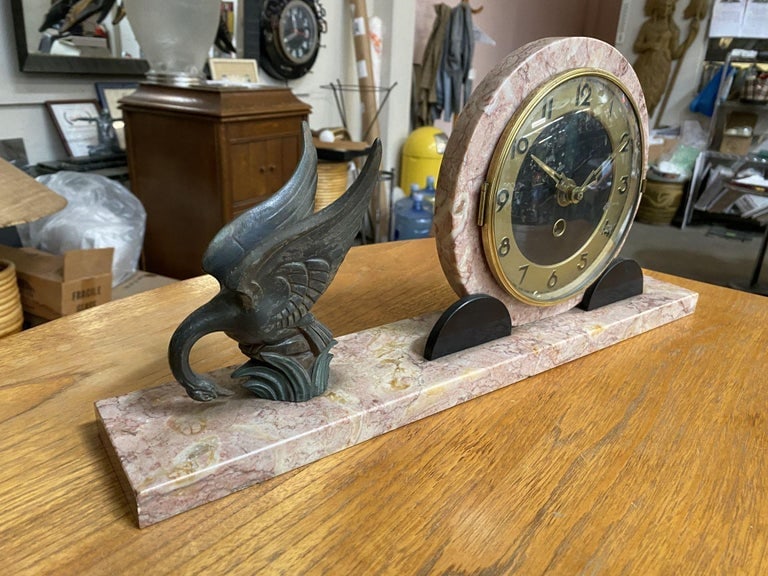 French Art Deco UCRA Bronze Swan Marble Mantle Garniture Clock Set by Marefbay - 6