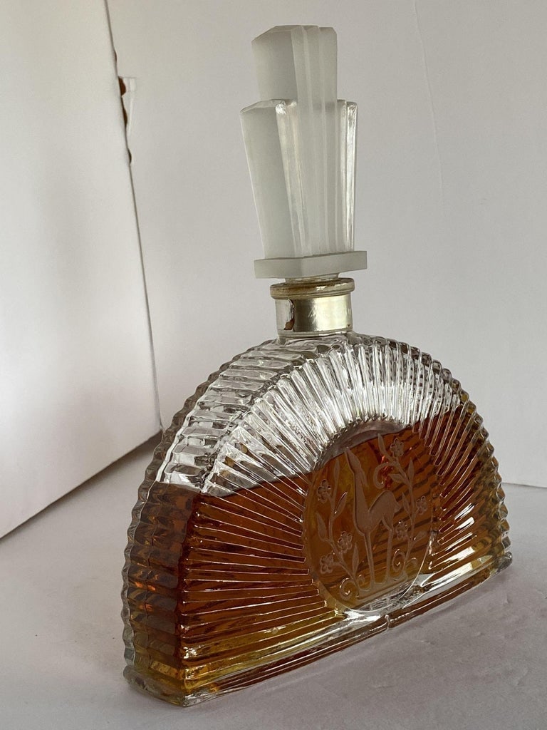 Art Deco Stepped Art Glass Perfume Bottle W/ Deer Motif - 6