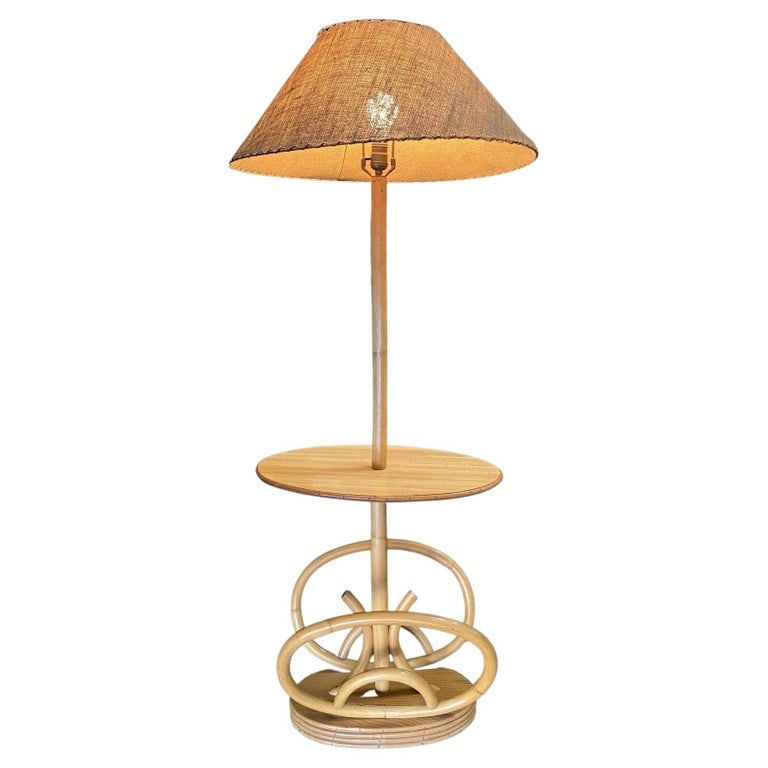 Restored Rare Mid Century Rattan Pole Floor Lamp & Drink Stand w Magazine Holder - 2