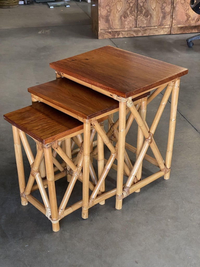 Restored Set of 3 Rattan Nesting X Side Tables with Mahogany Top - 11