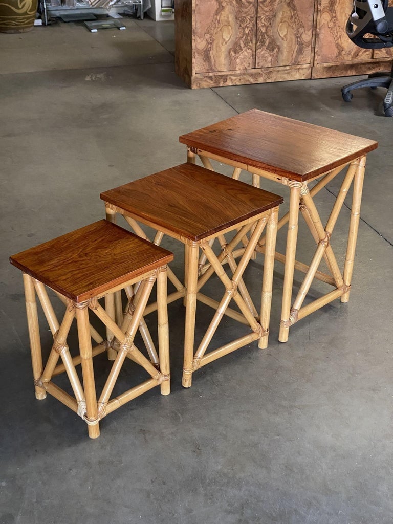 Restored Set of 3 Rattan Nesting X Side Tables with Mahogany Top - 12