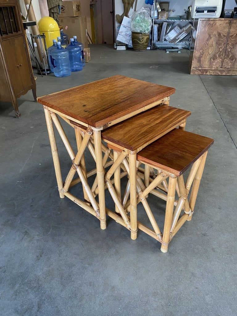 Restored Set of 3 Rattan Nesting X Side Tables with Mahogany Top - 3