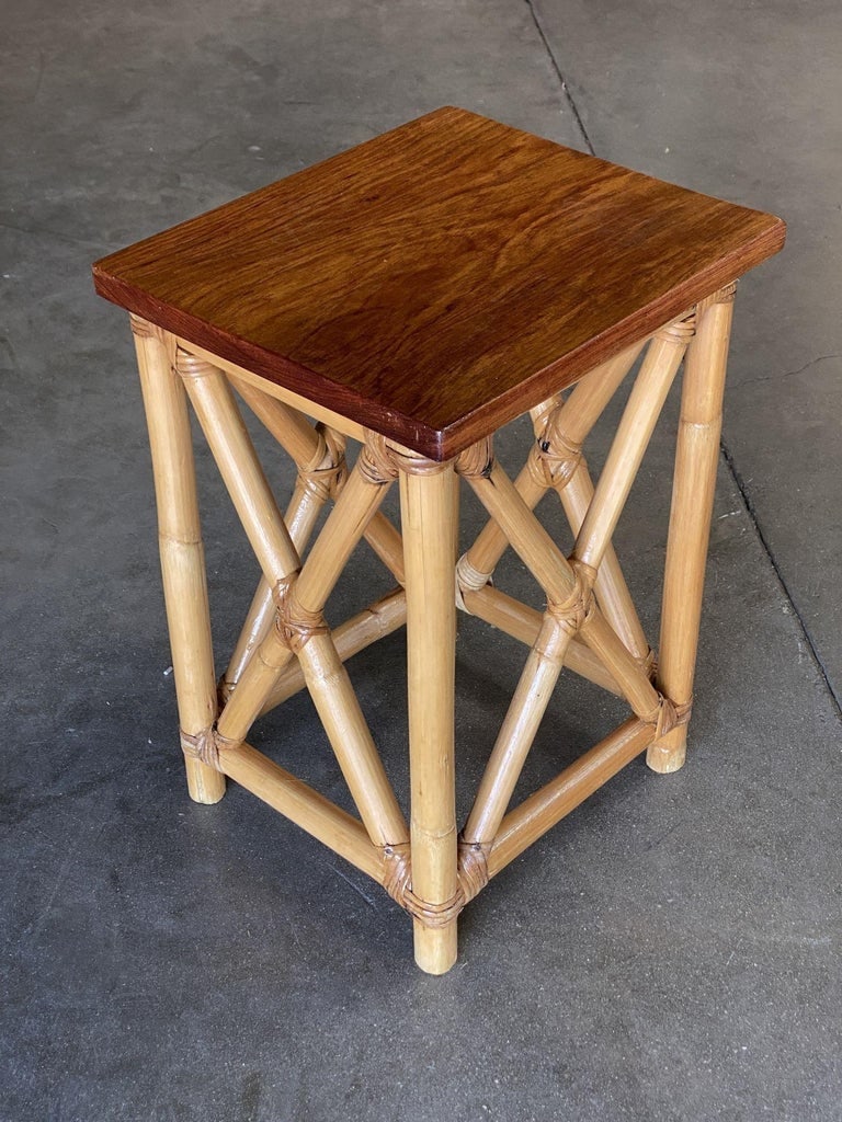 Restored Set of 3 Rattan Nesting X Side Tables with Mahogany Top - 5