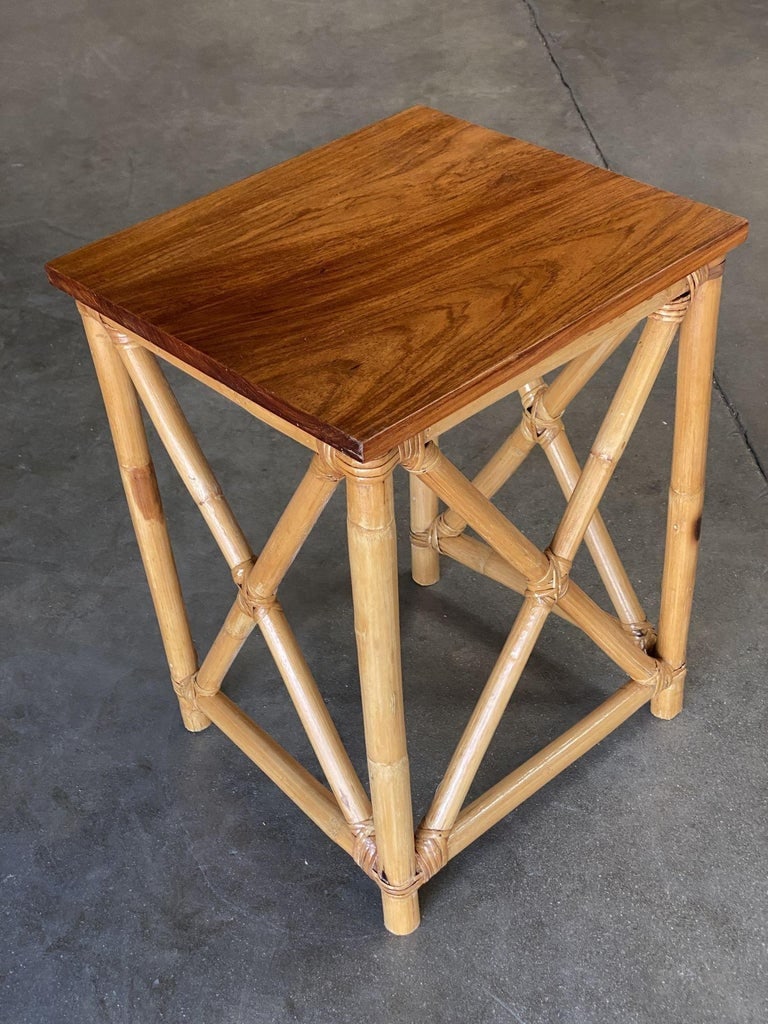 Restored Set of 3 Rattan Nesting X Side Tables with Mahogany Top - 8
