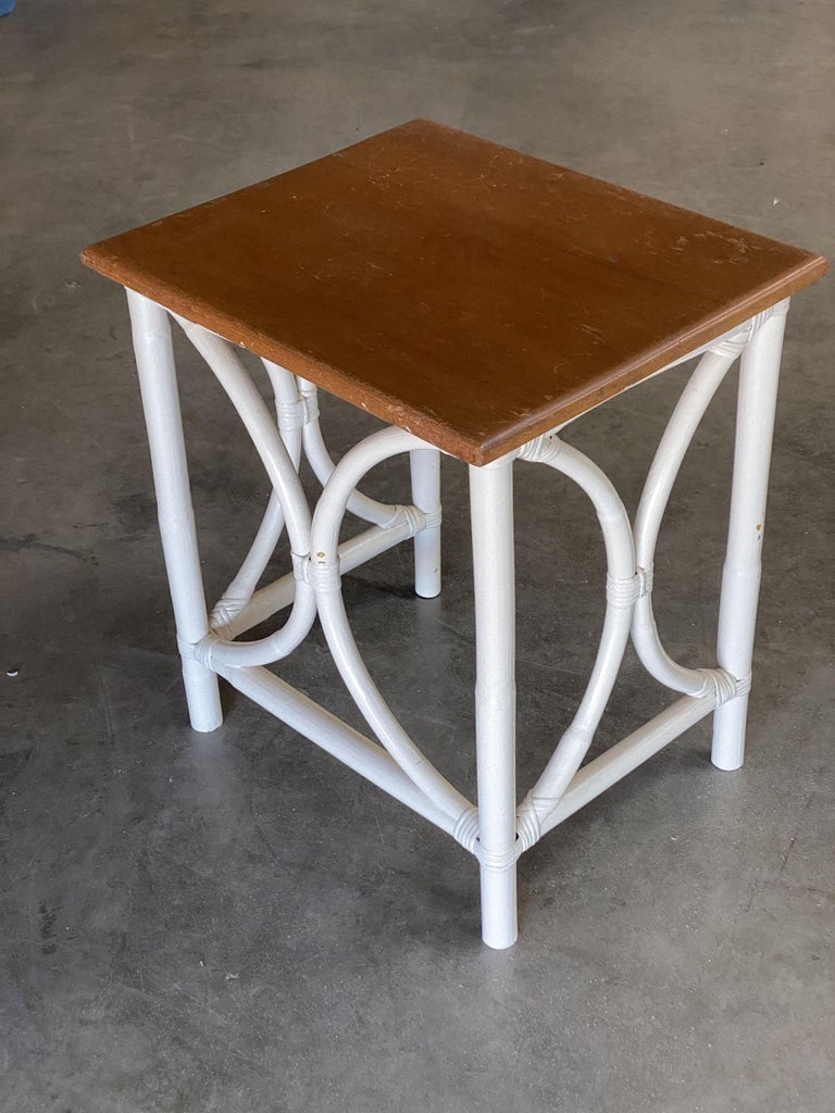 Mid-Century Set of 3 Whited Rattan Nesting Side Tables w/ Mahogany Top - 11