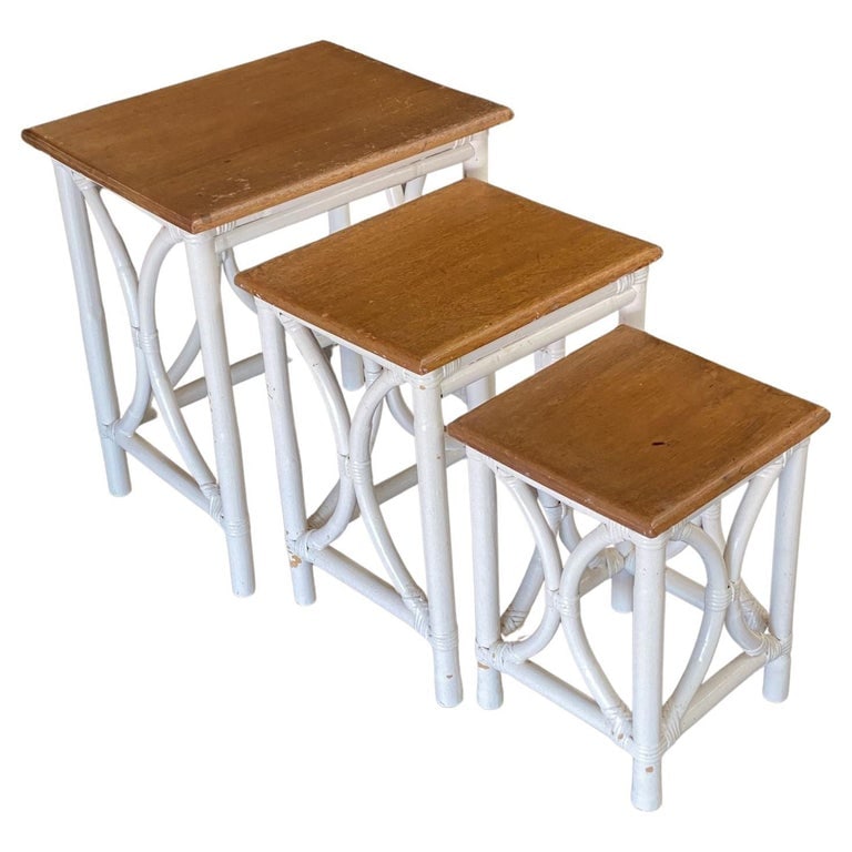 Mid-Century Set of 3 Whited Rattan Nesting Side Tables w/ Mahogany Top (1 of 11)