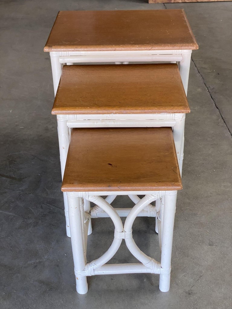 Mid-Century Set of 3 Whited Rattan Nesting Side Tables w/ Mahogany Top - 4