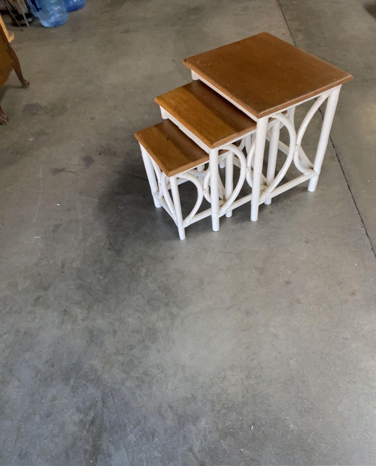 Mid-Century Set of 3 Whited Rattan Nesting Side Tables w/ Mahogany Top - 5