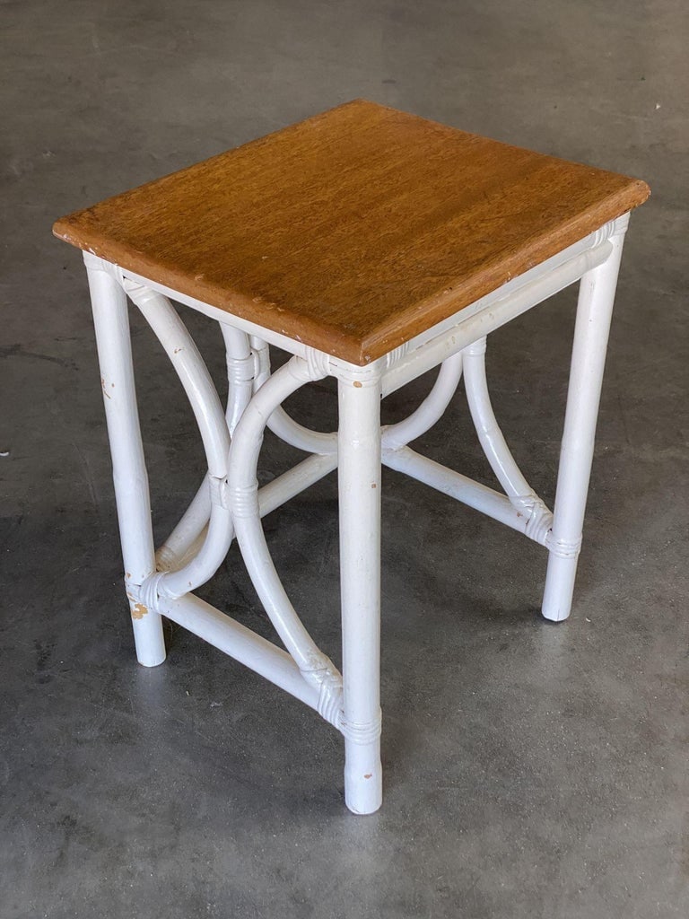 Mid-Century Set of 3 Whited Rattan Nesting Side Tables w/ Mahogany Top - 8