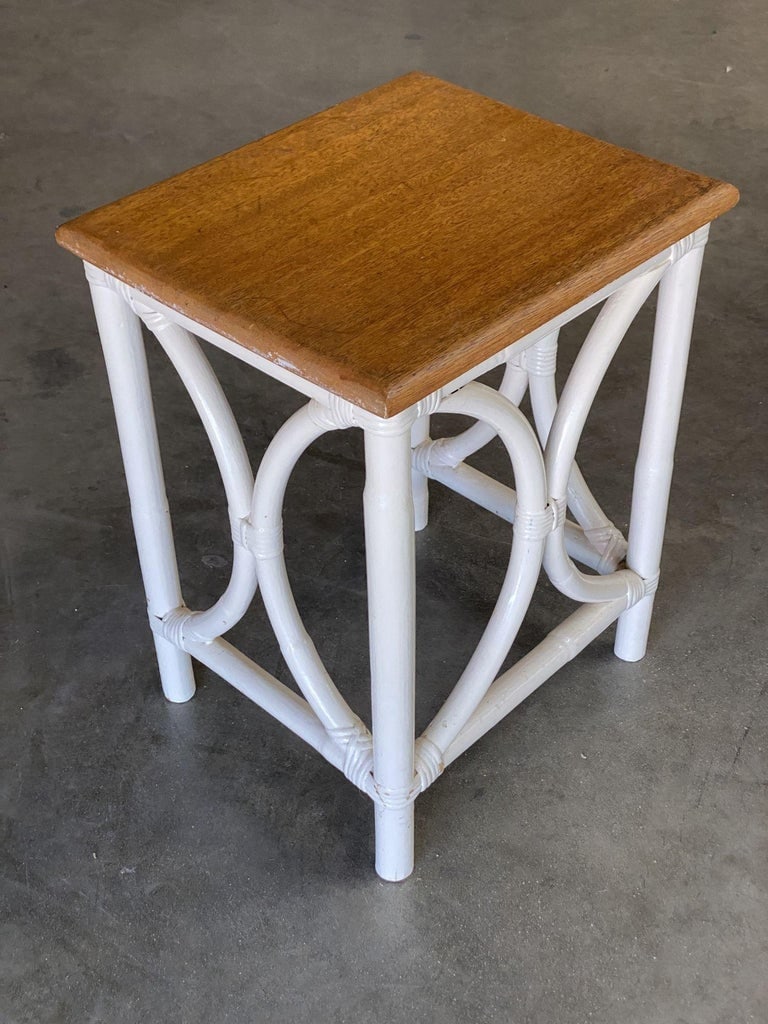 Mid-Century Set of 3 Whited Rattan Nesting Side Tables w/ Mahogany Top - 9