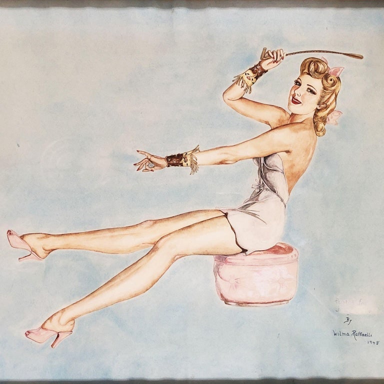 Lady on Ottoman Wood Framed Pinup Painting by Wilma Raffaelli, 1948.: Original watercolor artwork on paper, featuring a young dressed-up woman on an ottoman with a riding crop in her hand titled "Lady on Ottoman" by Wilma Raffaelli, 1948. This painting comes in its