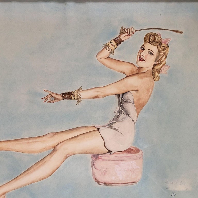 Lady on Ottoman Wood Framed Pinup Painting by Wilma Raffaelli, 1948. - 3