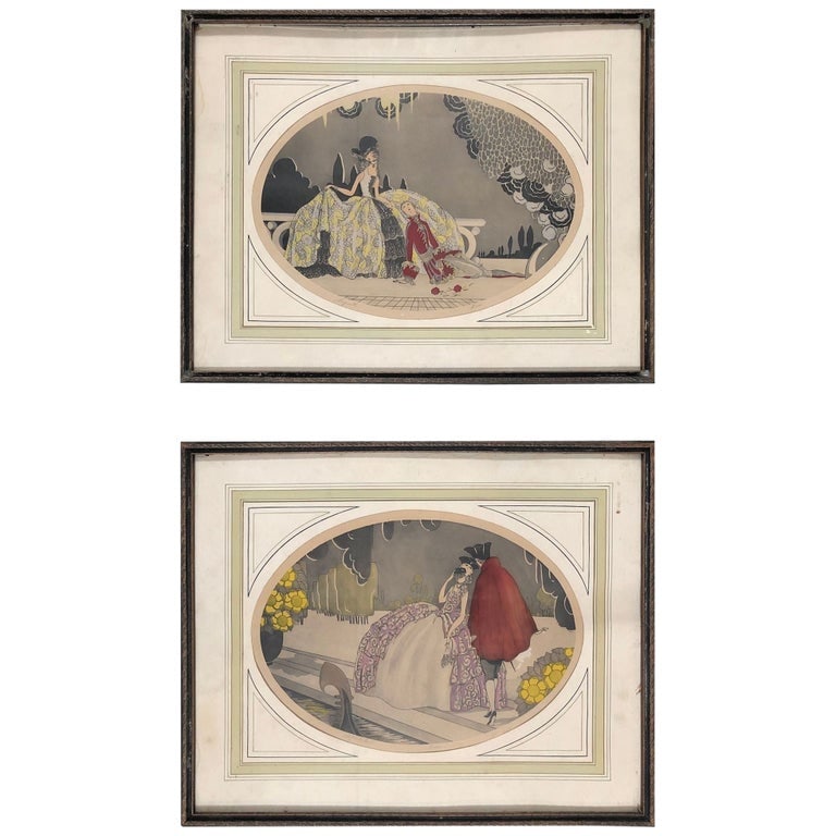 Vintage Art Deco "After the Ball" Print set of 2 Signed by Louie - 2