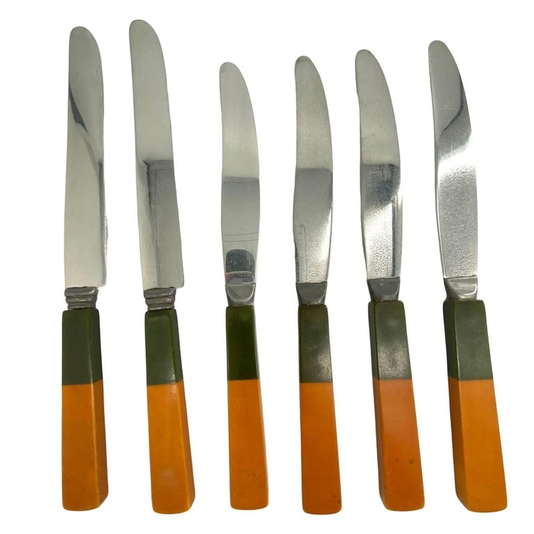 1930s Two Toned Butterscotch & Cherry Red & Green Bakelite Flatware Set of 34 - 10