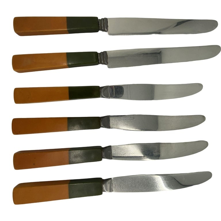 1930s Two Toned Butterscotch & Cherry Red & Green Bakelite Flatware Set of 34 - 11