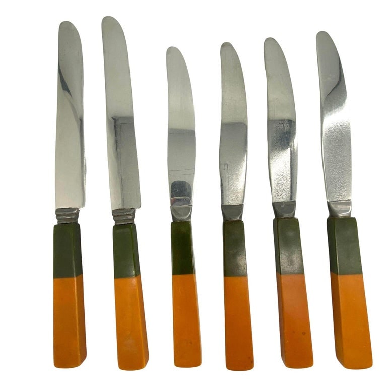 1930s Two Toned Butterscotch & Cherry Red & Green Bakelite Flatware Set of 34 - 12