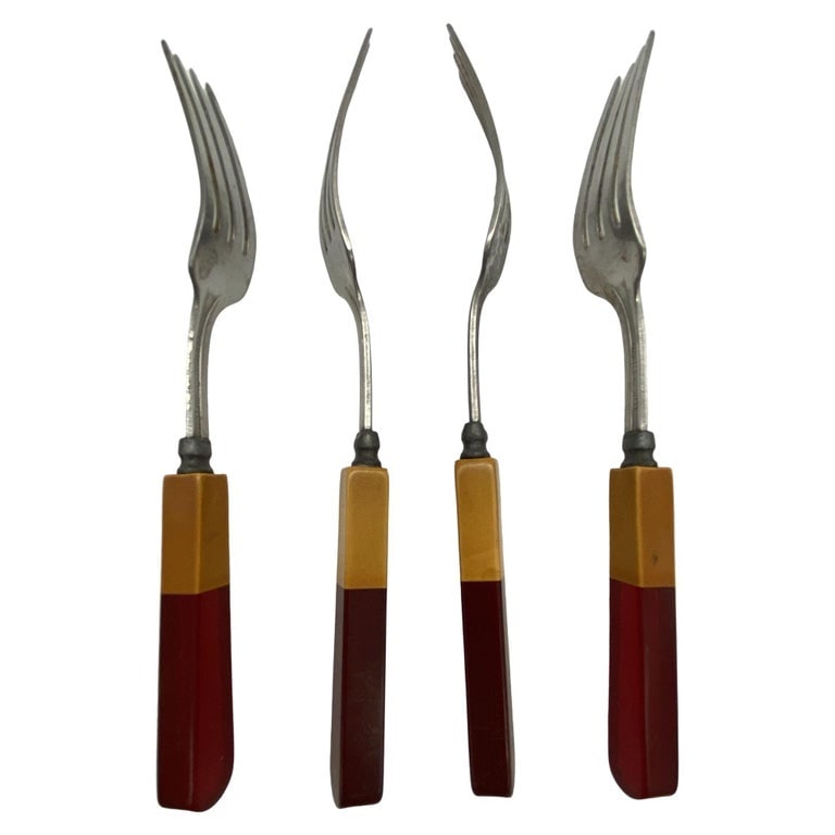 1930s Two Toned Butterscotch & Cherry Red & Green Bakelite Flatware Set of 34 - 13