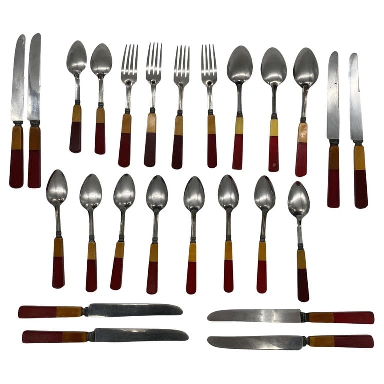 1930s Two Toned Butterscotch & Cherry Red & Green Bakelite Flatware Set of 34 - 2