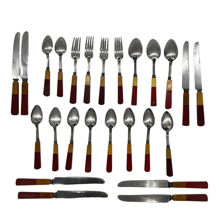 1930s Two Toned Butterscotch & Cherry Red & Green Bakelite Flatware Set of 34 - 3