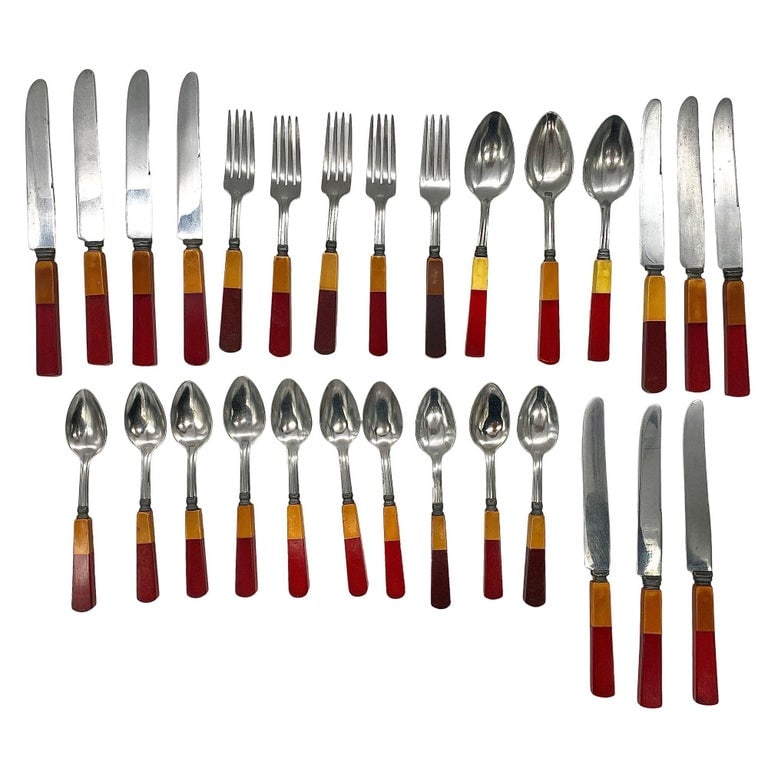 1930s Two Toned Butterscotch & Cherry Red & Green Bakelite Flatware Set of 34 - 4