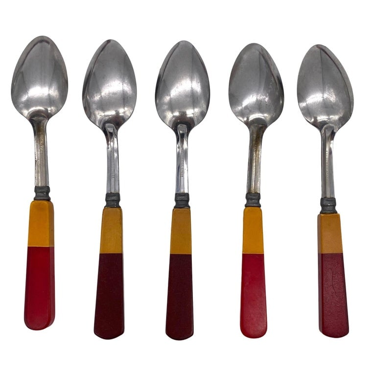 1930s Two Toned Butterscotch & Cherry Red & Green Bakelite Flatware Set of 34 - 5