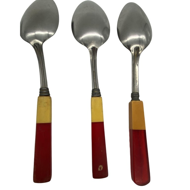 1930s Two Toned Butterscotch & Cherry Red & Green Bakelite Flatware Set of 34 - 6