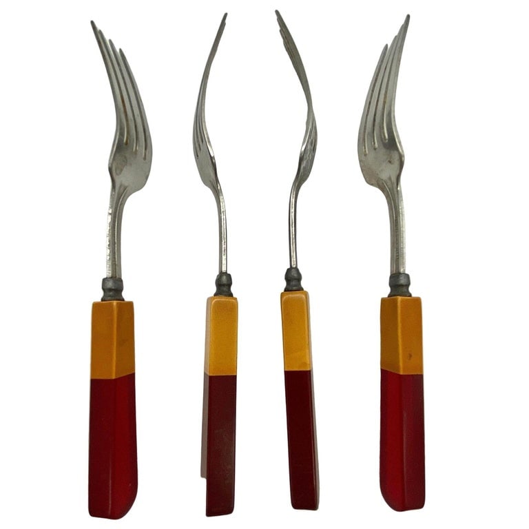 1930s Two Toned Butterscotch & Cherry Red & Green Bakelite Flatware Set of 34 - 7